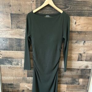 OGL Dark Green Ruched Midi Dress M | Built-In Brami Bra | Stretch Minimalist